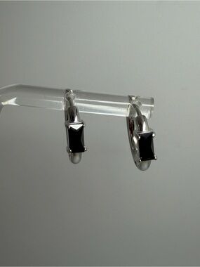 Sterling Silver plated Huggie Earrings with Black Gems Cubic Zirconias